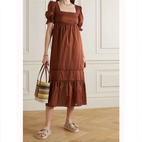 Reformation Bekkah Crocheted Lace-Trimmed Organic Cotton Midi Dress in Cinnamon - Picture 2 of 12